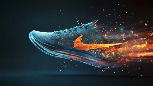 Rendered athletic shoe dissolves into abstract light trails