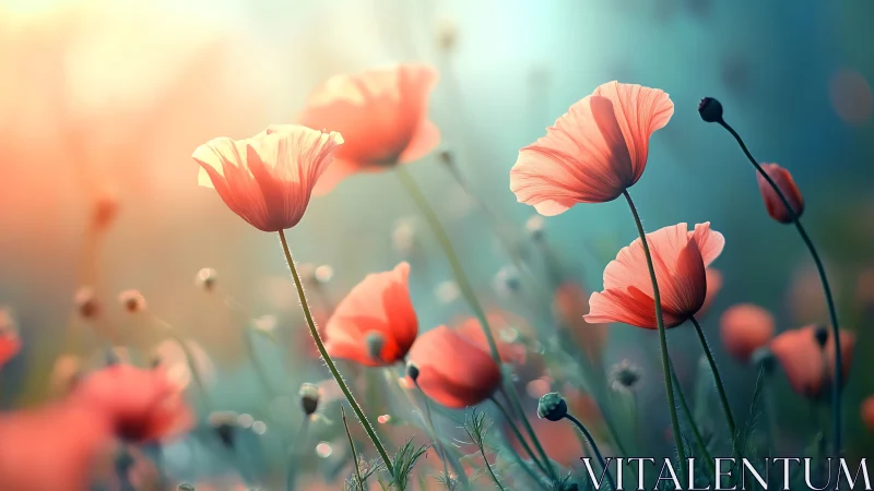 Red poppies in soft focus sunlight with green stems and buds.