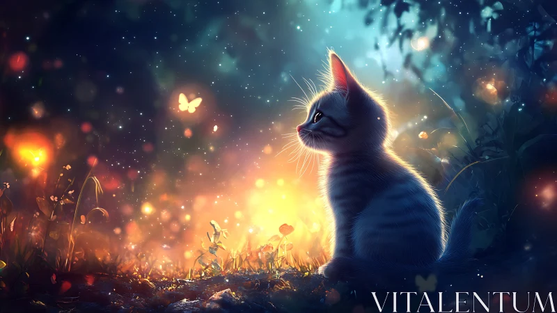Luminous Cat Amid Enchanted Garden of Light.