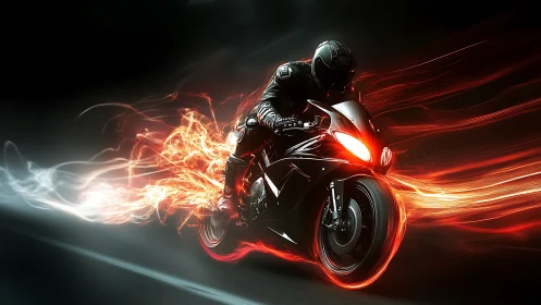 Motorcycle racer slicing night with blazing energy trails.