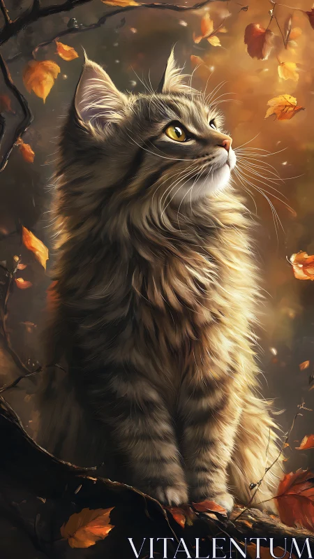 Autumn's Watchful Companion: Majestic Cat Among Falling Leaves.