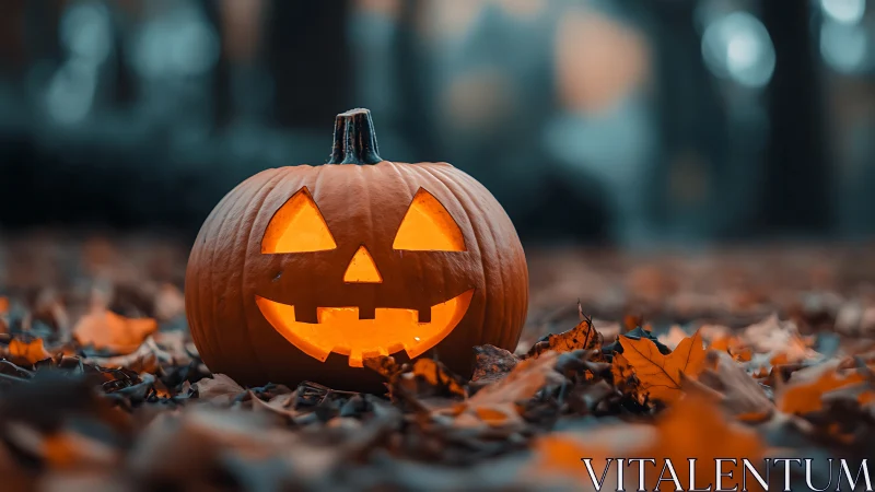 Grinning jack o’lantern beaming over a leaf-littered forest floor.