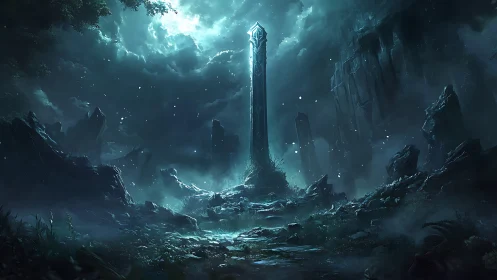 Moonlit crystal tower rises gently above a misty ruin