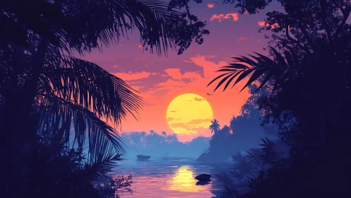 Sunset illuminates dense tropical river corridor with foliage