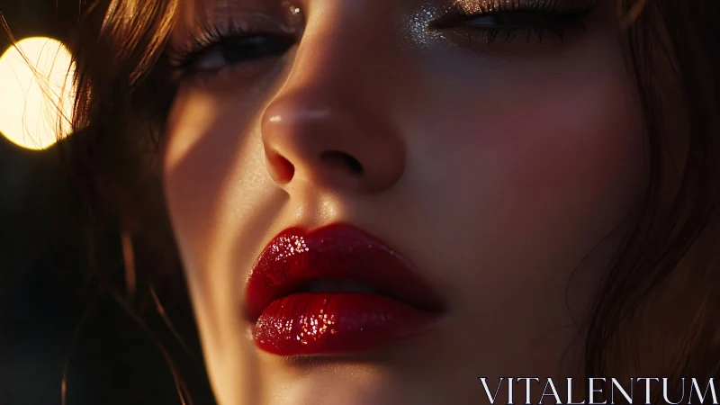 Close-up female face shows glossy red lips and soft lighting