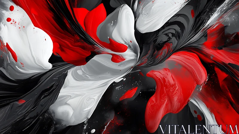 Dynamic red, white, and black abstract paint flow composition.