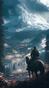 Lone rider surveys misty valley below towering peak.