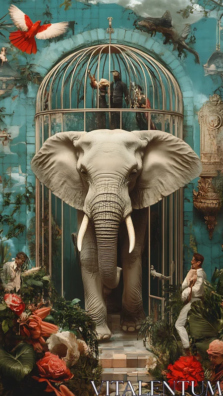 Surreal ivory elephant emerging from ornate garden cage.