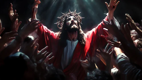 Radiant robed figure reaches upward through hopeful crowd