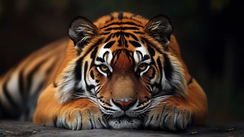 Calm tiger resting softly, sharing a quiet, golden gaze.