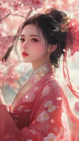 Graceful maiden gazes softly amid glowing cherry blossoms