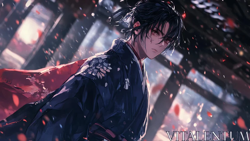Red petals orbit a solemn swordsman in stormlit silence