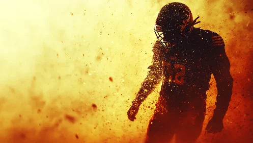 American football player in helmet amid orange debris.