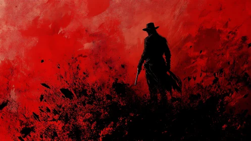 Gunslinger silhouette stalks through a blood-red inferno sky.