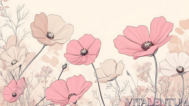 Botanical illustration depicting stylized flowers rendered in ink