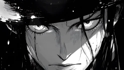 Intense anime swordsman glares forward under dripping hat brim