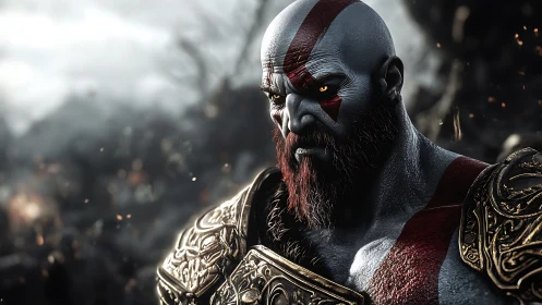 Warrior with crimson markings in ornate golden armor stands.