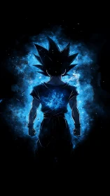 Backlit anime warrior in cosmic blue aura silhouette study.
