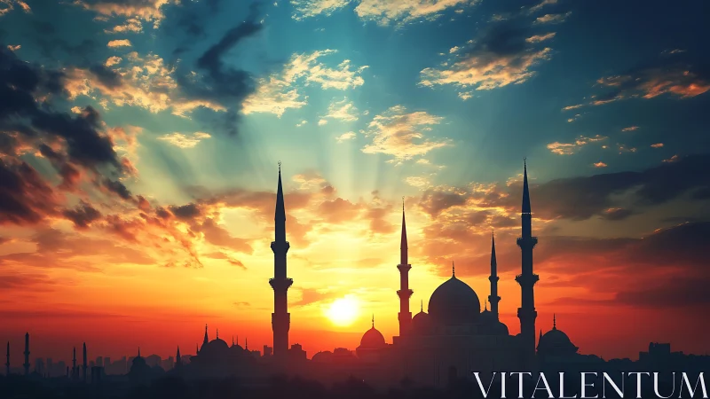 Sunlit mosque silhouette under radiant sunset sky glow.
