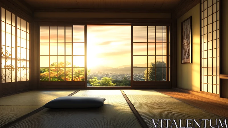 Tatami room interior with city sunset view through shoji.