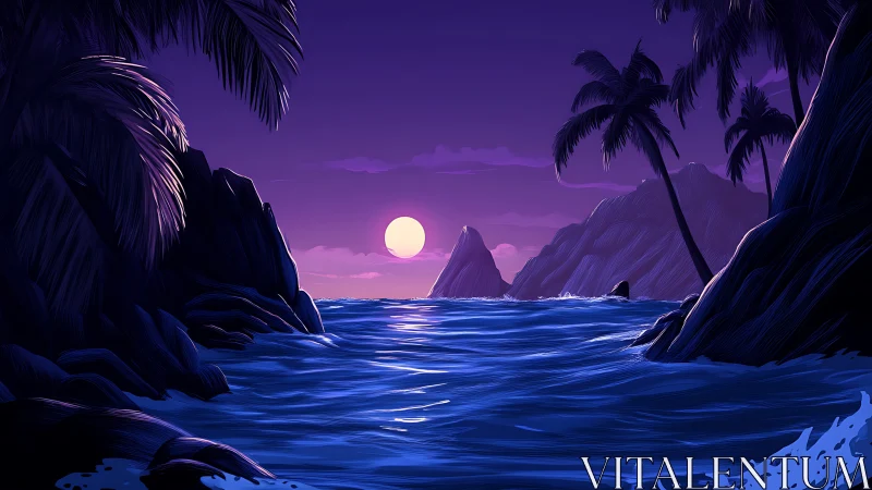 Tropical Cove at Sunset with Moon Rise.