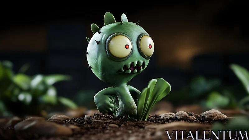 Wide-eyed mutant sprout guards the moonlit garden bed.