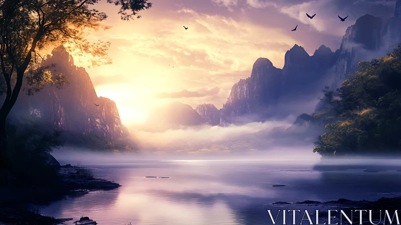 Sunrise mist floods tranquil mountain lake horizon.