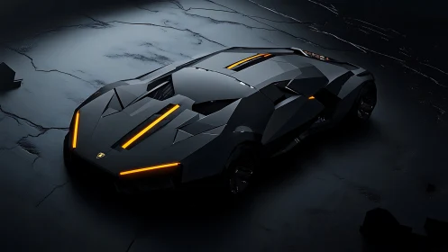 Midnight cyber coupe glowing with bold amber streaks.