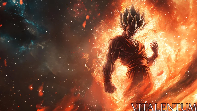 Fiery anime warrior ignites cosmic battlefield with power.