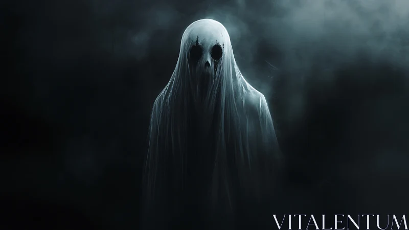 Spectral hooded wraith emerging through cinematic fog veil.