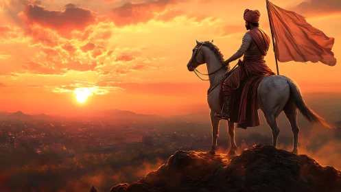 Sunlit rider watching a glowing kingdom at dusk.