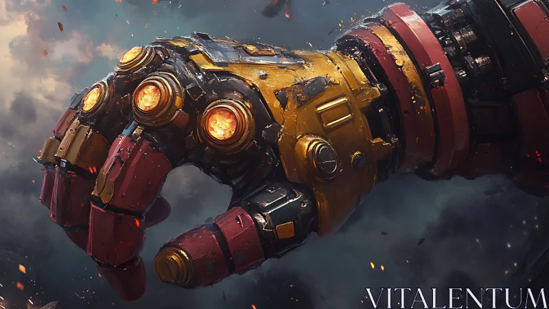 Molten-core mech gauntlet clenches against stormy twilight.