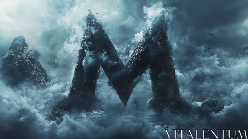 Monolithic letter M rises from storm-torn ocean mist.