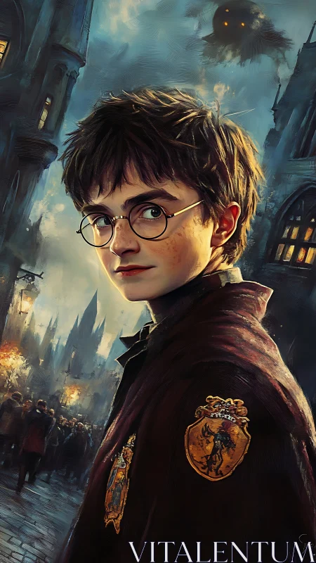 Young wizard’s quiet courage in a stormy spellbound night.