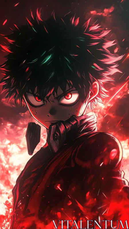 Intense anime hero portrait framed by dynamic red energy glow