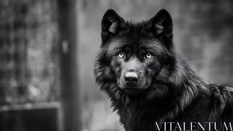 Gentle black wolf dog with soulful eyes in soft grayscale.
