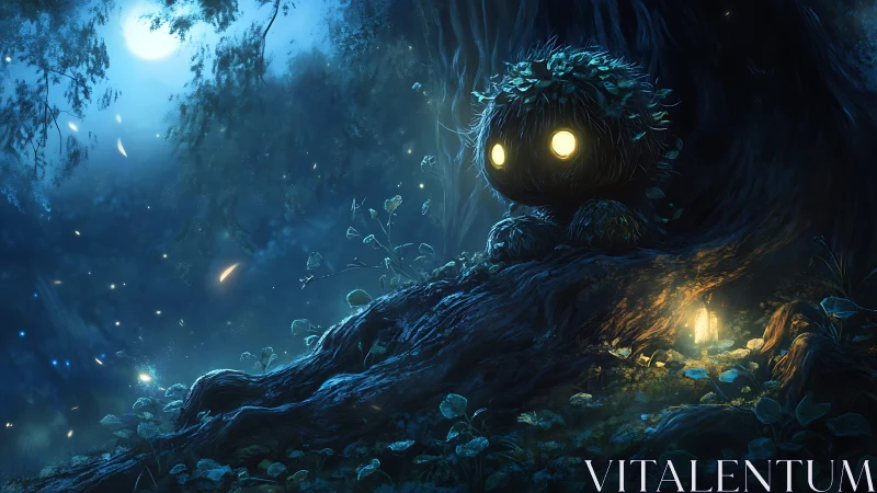 Bioluminescent forest creature beside tree under moonlight.