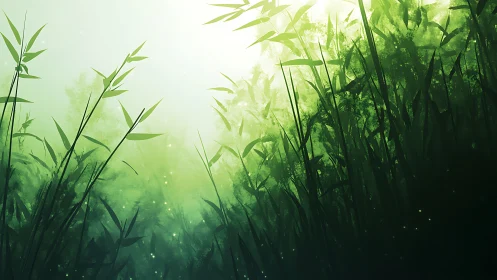 Sunlit bamboo grove glows with tranquil emerald mist
