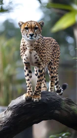 Cheetah standing on curved tree trunk in natural habitat.