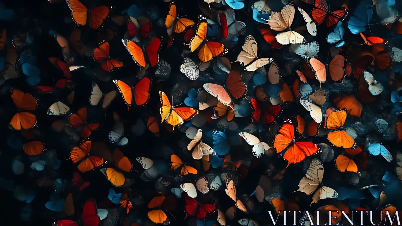 Chromatic butterfly swarm in high-contrast atmospheric field.