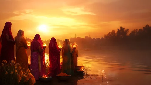 Women offer riverbank fire ritual under blazing sunset.