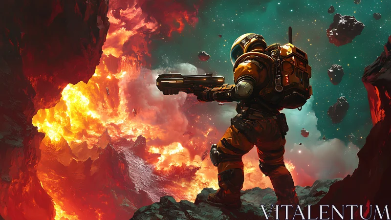 Lone space explorer bravely surveys a blazing alien horizon