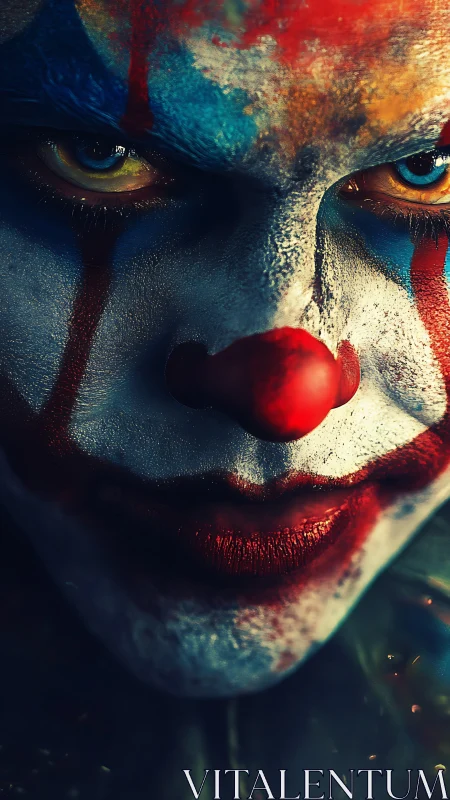 Intense painted clown portrait glows with ominous color.