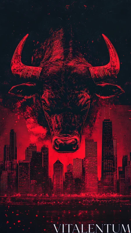 Red bull skull over urban skyline in stylized graphic illustration.