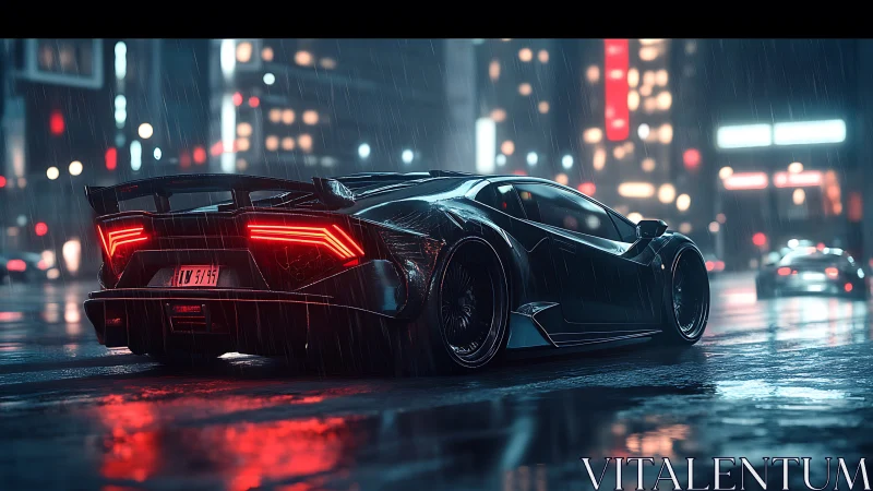Cyberpunk supercar in neon-soaked nocturnal streetscape.