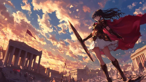 Armored anime heroine dominates sunset-lit classical ruins