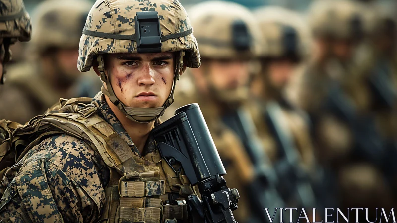 Soldier stands in combat gear with rifle amid blurred unit