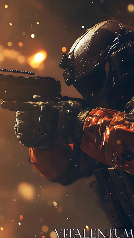 Armored sci fi soldier aims pistol amid blazing embers