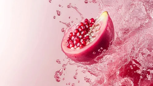 Pomegranate wedge explodes through pink-tinted splash motion.