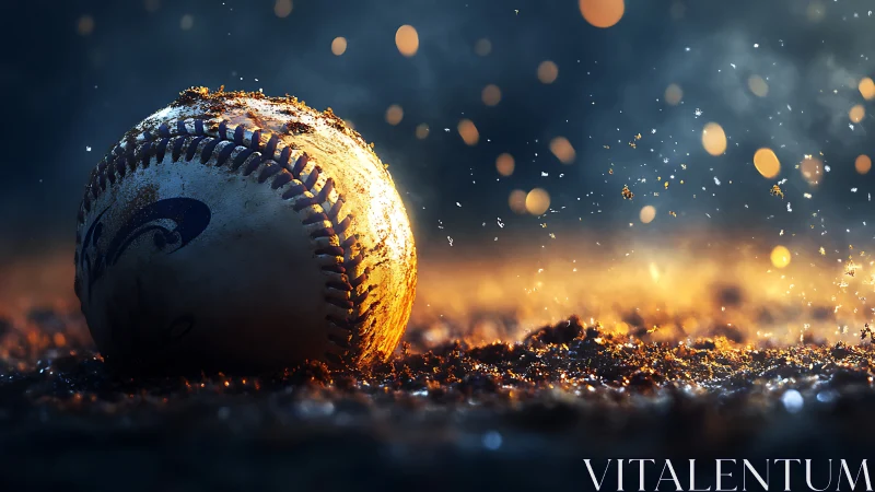 Weathered baseball rests in glowing dirt as sparks rise.